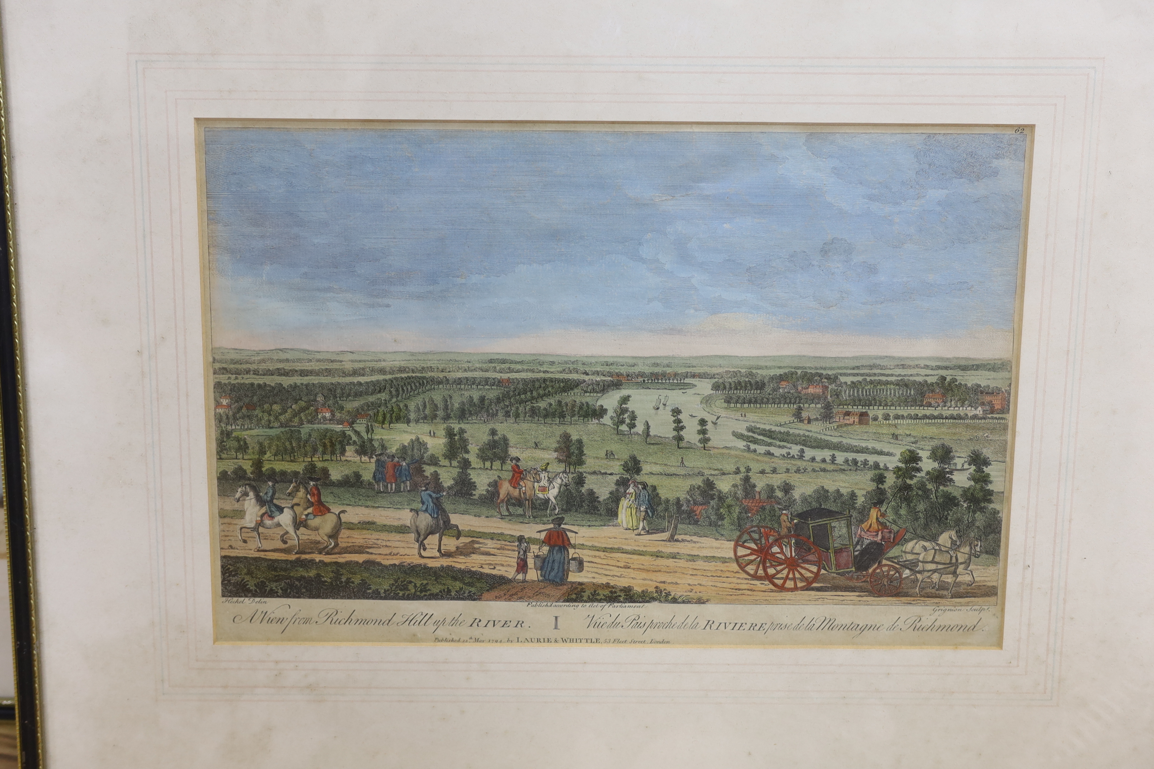 After Augustin Heckel (1690-1770), three colour etchings, comprising ‘Rover Thames at Twickenham’, printed for R. Wilkinson, ‘Twickenham & Isleworth’, printed for John Bowles and ‘View from Richmond Hill up the River’, p